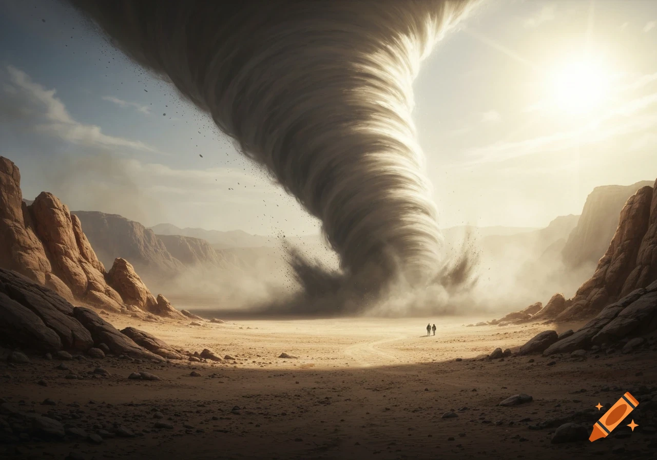 A massive sand tornado churns in a vast, rocky desert under a bright, hazy sky, with two small figures in the distance.