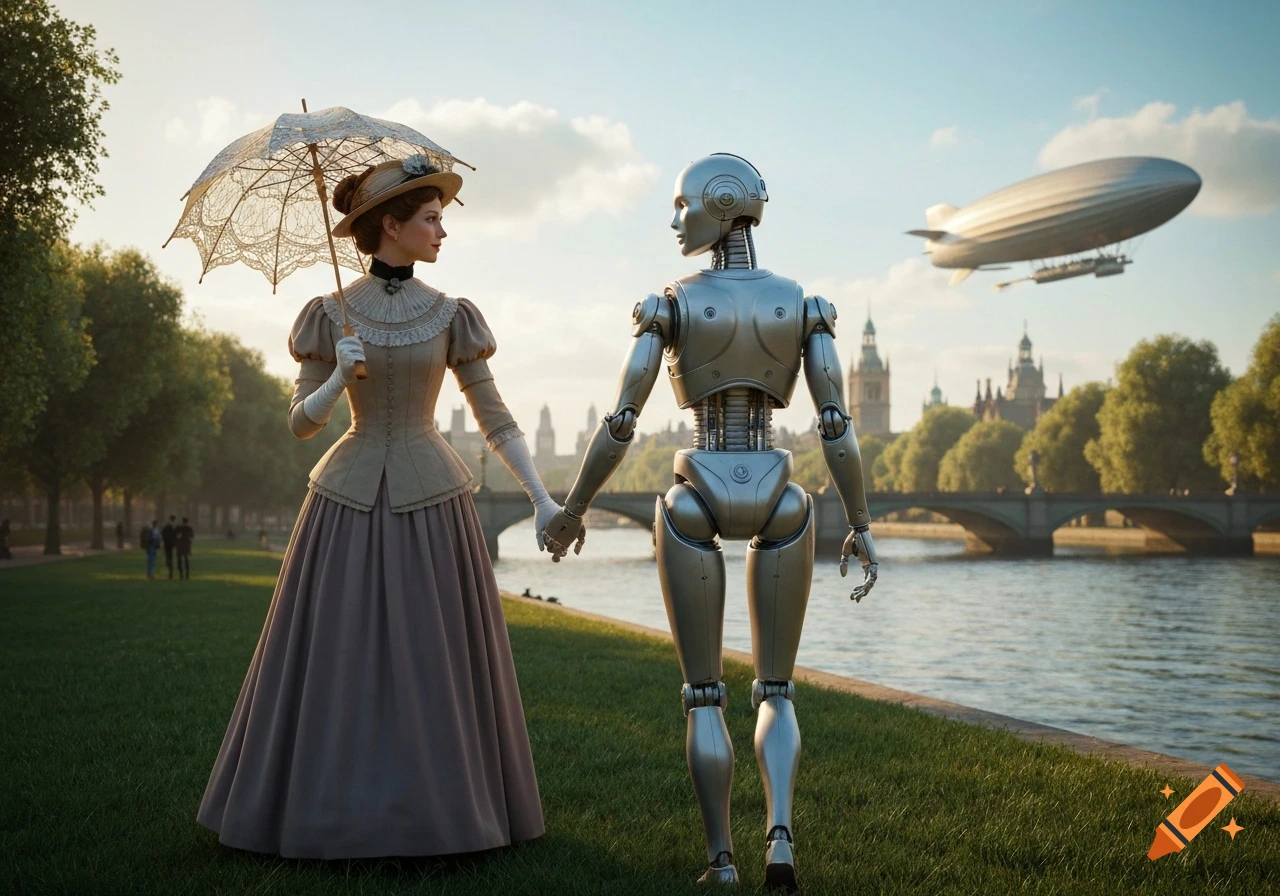 Victorian woman with a parasol holding hands with a silver robot in a park by a river, with a dirigible in the sky, photorealistic steampunk style.