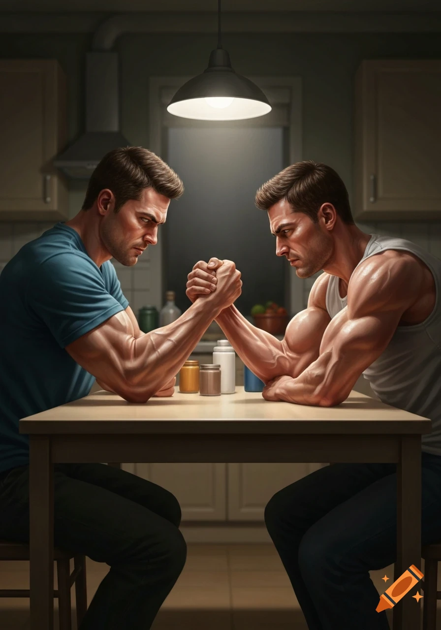 Two muscular men arm wrestle at a kitchen table, intensely focused under a hanging lamp, photorealistic style.