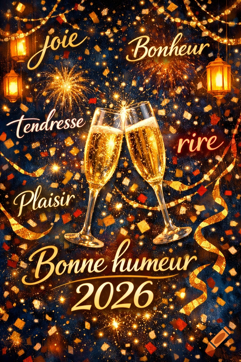 Festive New Year's greeting with two clinking champagne glasses, confetti, fireworks, and French text including 'Joie', 'Bonheur', 'Bonne humeur', and '2026'.