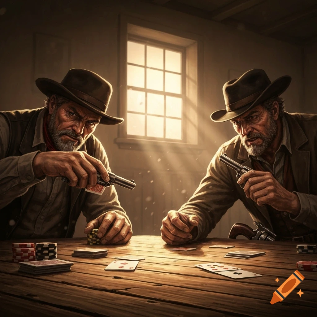 Two grizzled cowboys in hats stare intently at each other during a tense poker game with guns on the table, bathed in dramatic light from a window.