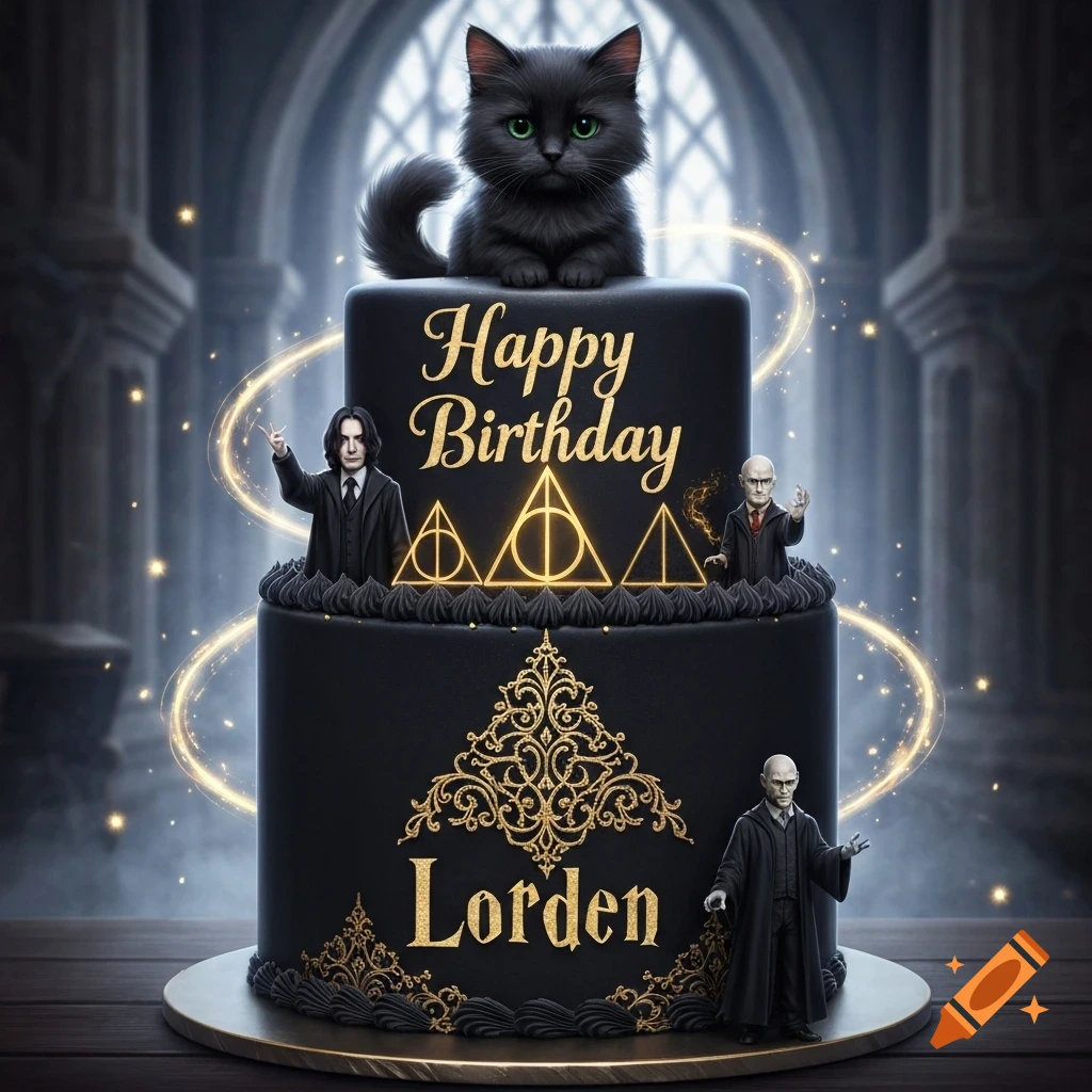 An elegant black Harry Potter-themed birthday cake with a black cat, Snape, Voldemort, Deathly Hallows symbols, and golden 'Happy Birthday Lorden' text.