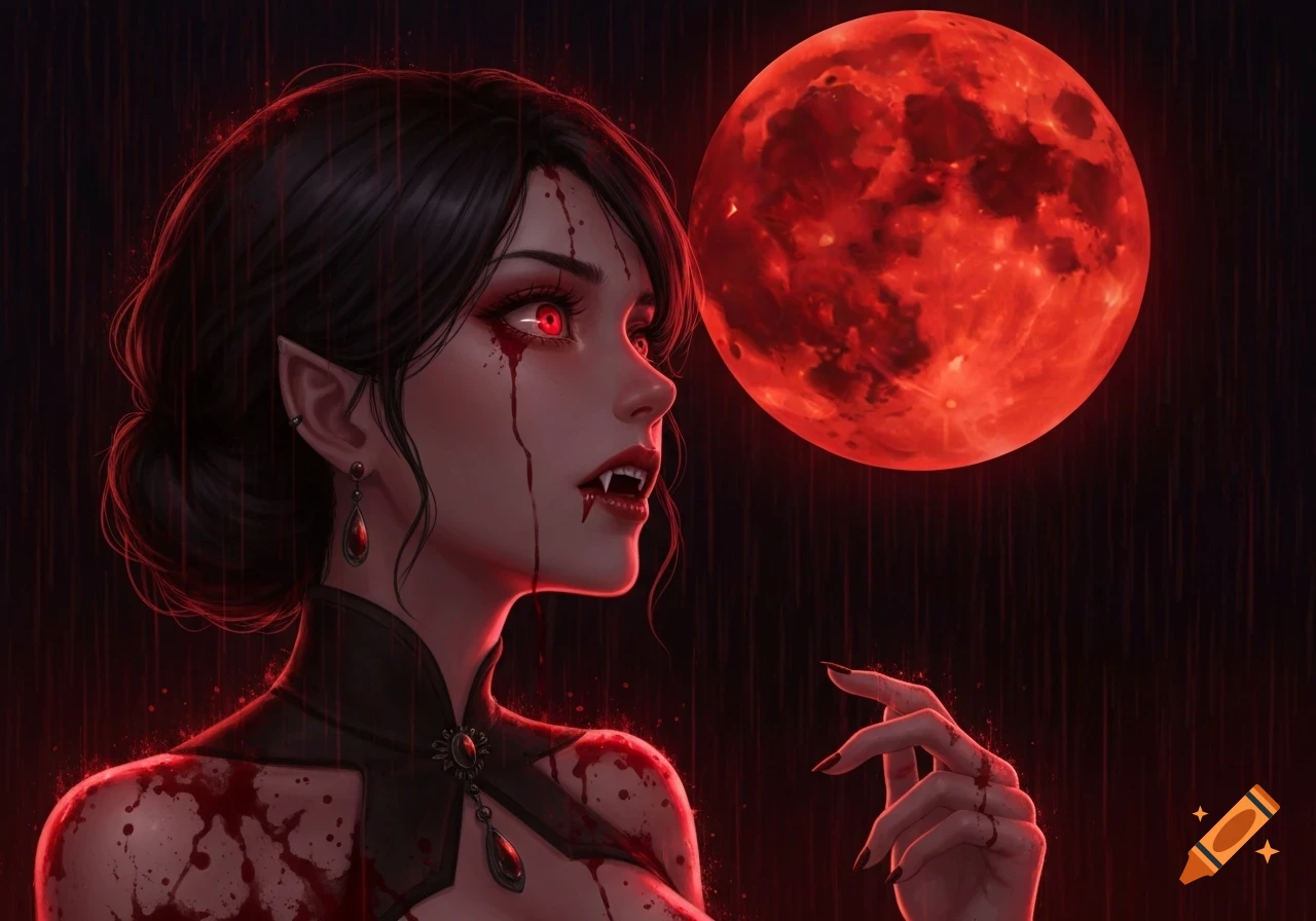 Anime-style vampire woman with red eyes and fangs, covered in blood, looking up at a blood moon in a red-toned rainy scene.