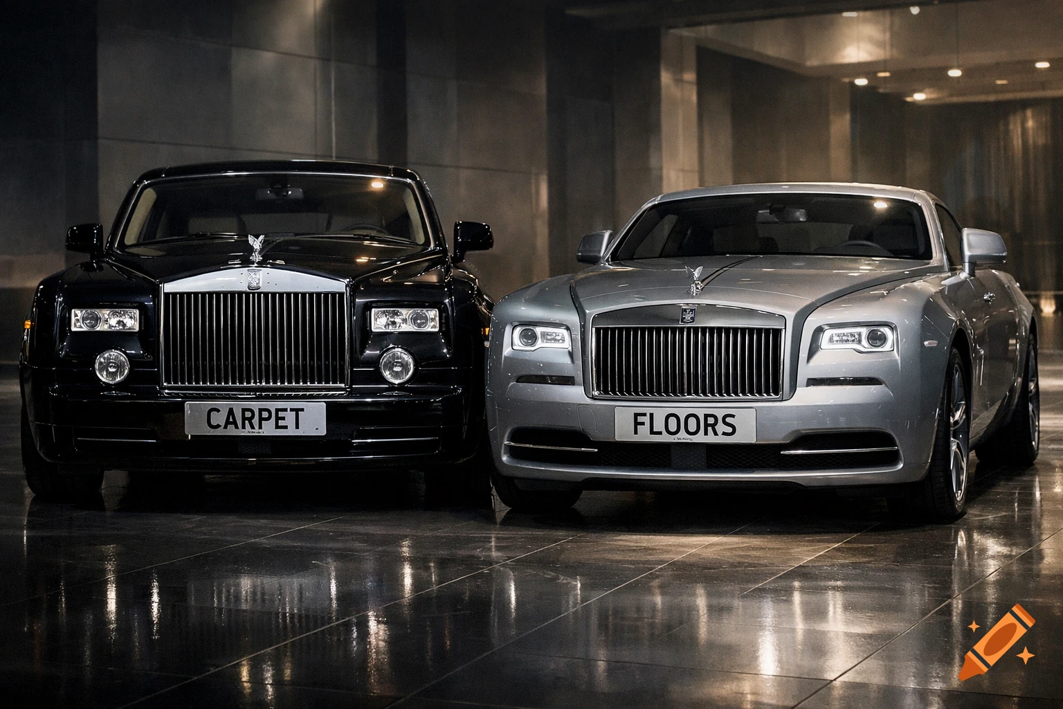 Two luxury Rolls-Royce cars, one black with a 'CARPET' plate and one silver with a 'FLOORS' plate, parked in a reflective showroom.
