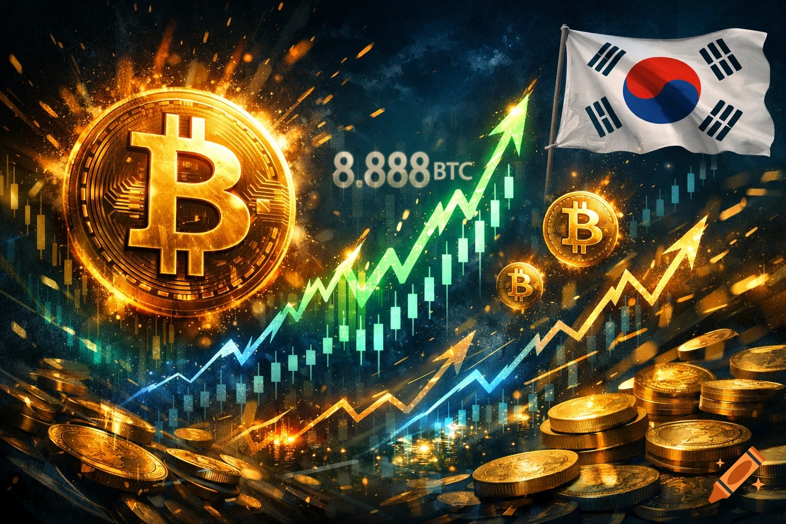 A dynamic image featuring a large glowing Bitcoin, various gold bitcoins, rising green and blue stock charts, and the South Korean flag waving in the upper right. The text "8.888 BTC" is visible.