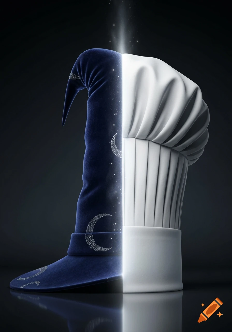 A dark blue velvet wizard hat with sparkling crescent moons and stars fused vertically with a white pleated chef's toque, divided by a glowing light.