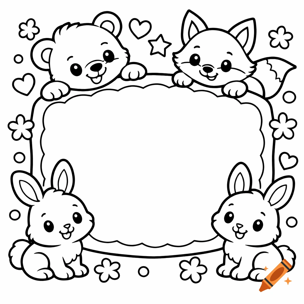 Black and white line art coloring page with a cute bear, fox, and two rabbits framing a central blank text area, surrounded by hearts, stars, and flowers.
