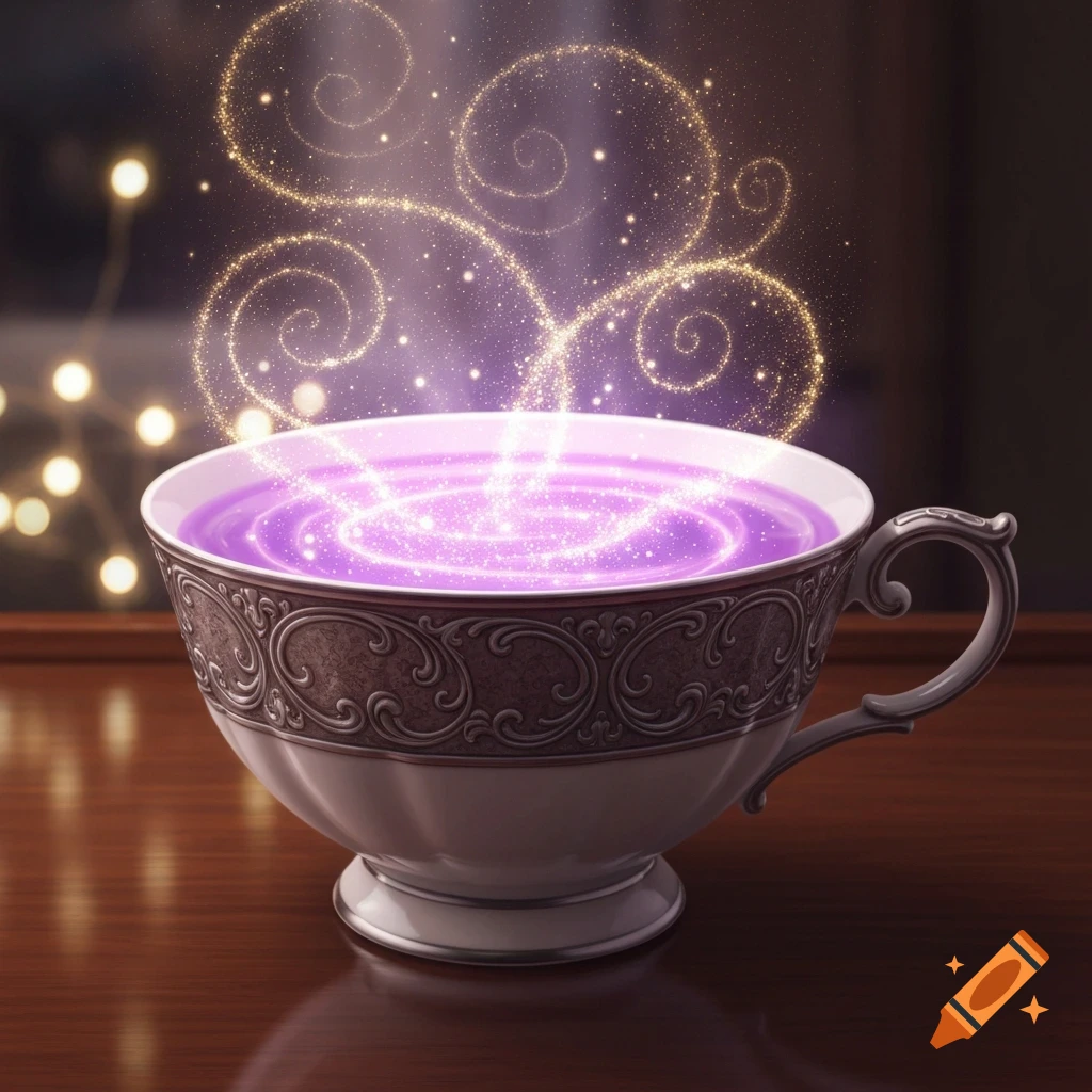 A fancy teacup with glowing purple liquid emitting golden magical sparkles and swirls on a wooden table.