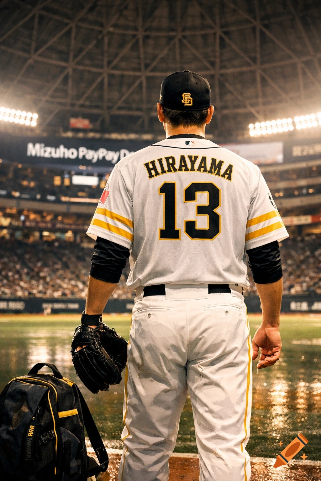 A baseball player in a white and yellow uniform with 'HIRAYAMA 13' on the back stands on a wet field in a brightly lit stadium, holding a glove with a backpack nearby.