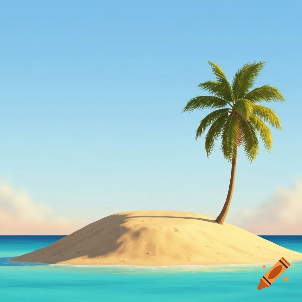 A stylized sandy island with a single palm tree stands in a vibrant turquoise ocean under a clear blue sky.