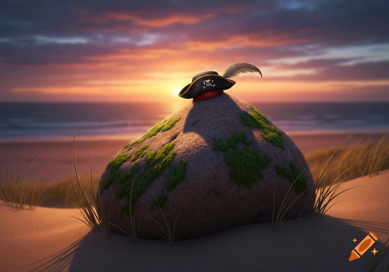 A pirate hat with a skull and crossbones emblem rests atop a mossy rock on a sandy beach at sunset, with the ocean in the background.