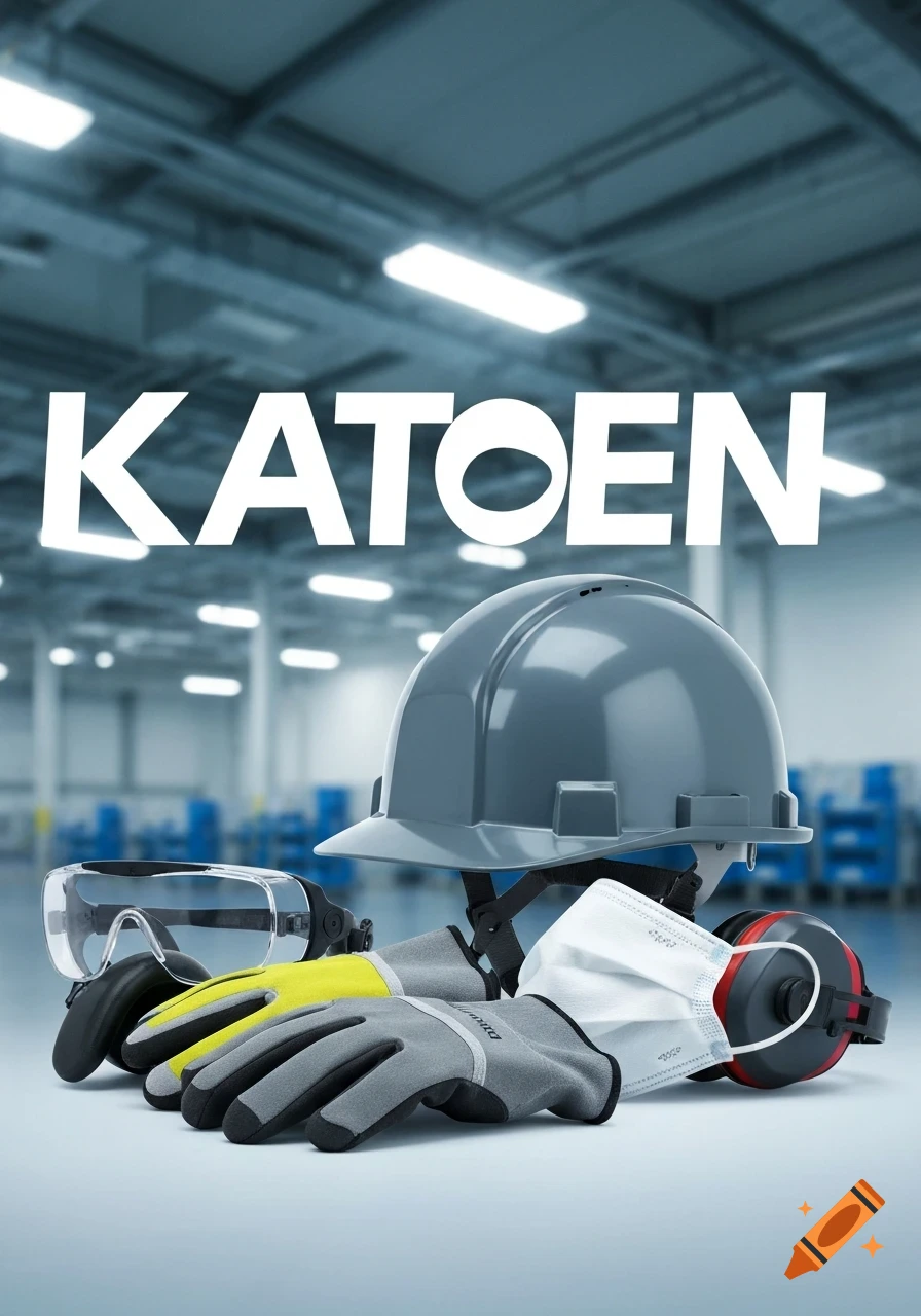 A grey hard hat, safety goggles, gloves, ear protection, and a face mask are arranged on a surface, with 'KATOEN' text and a blurry factory background.