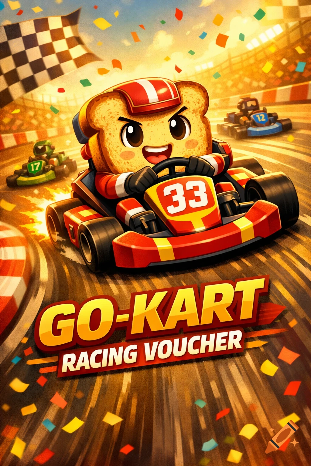 Cartoon toast drives go-kart #33 in a race with confetti, checkered flag. Text says 'GO-KART RACING VOUCHER'.