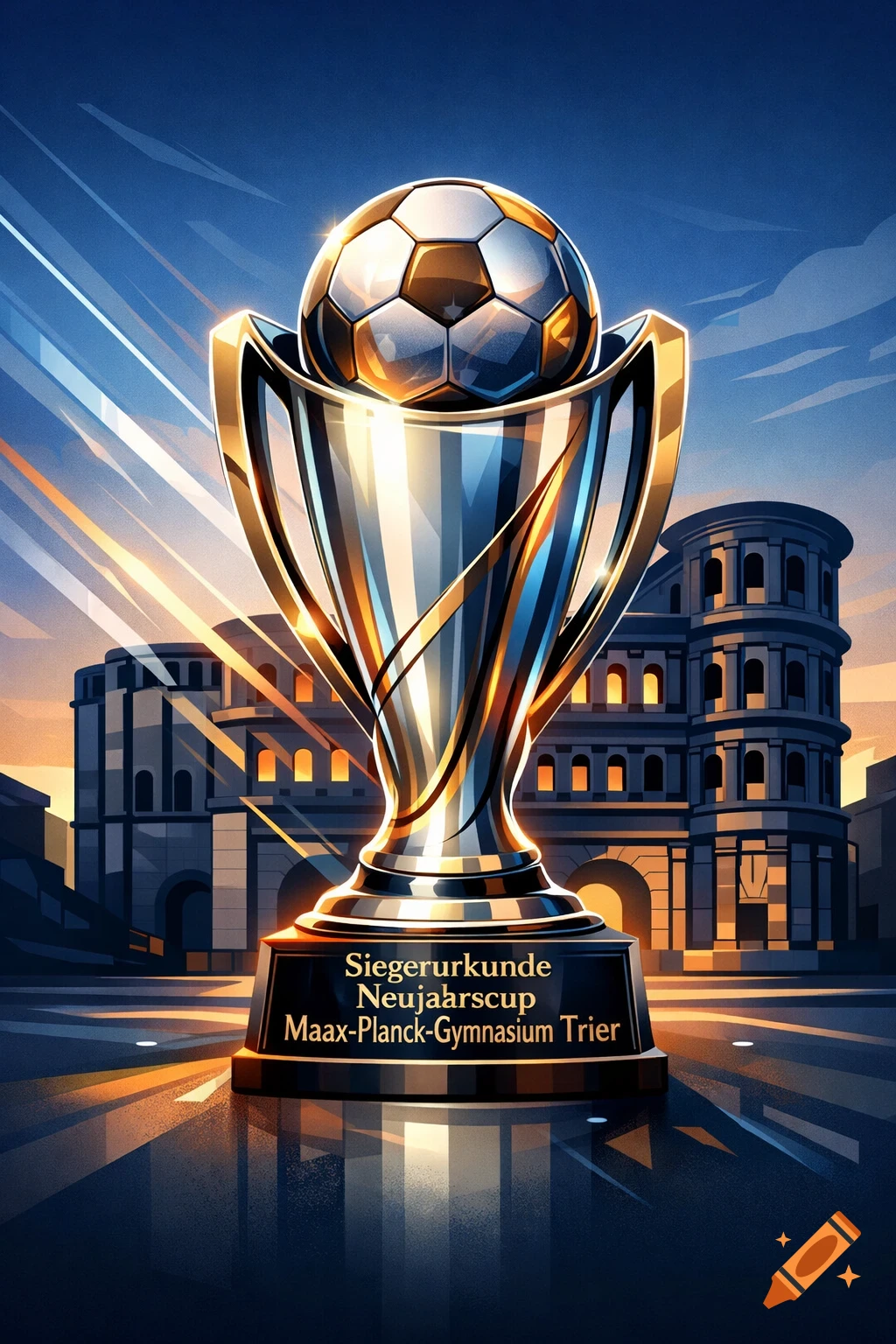 Stylized illustration of a glowing soccer trophy with a ball on top, set against a sunset cityscape.