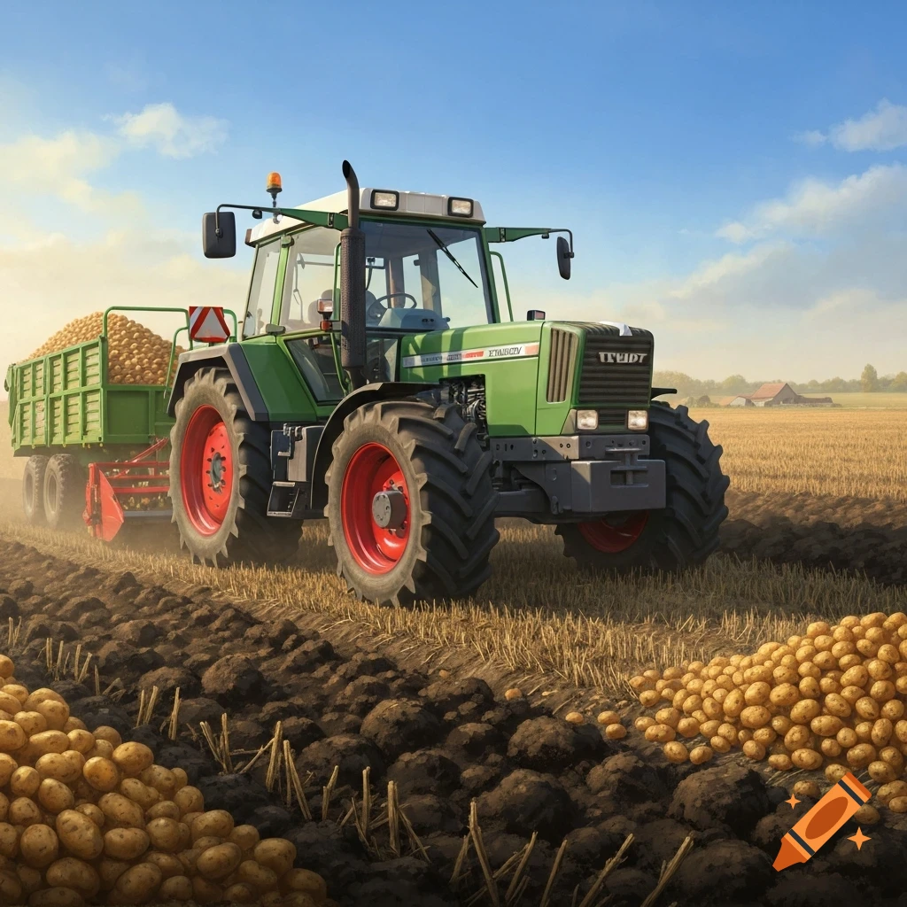 A green Fendt tractor pulls a trailer loaded with potatoes, harvesting in a sunlit field with more potatoes on the ground.