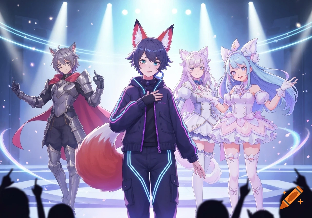 Four anime-style characters with animal ears and tails, including a knight and an idol group, pose on a brightly lit stage in front of a cheering audience.
