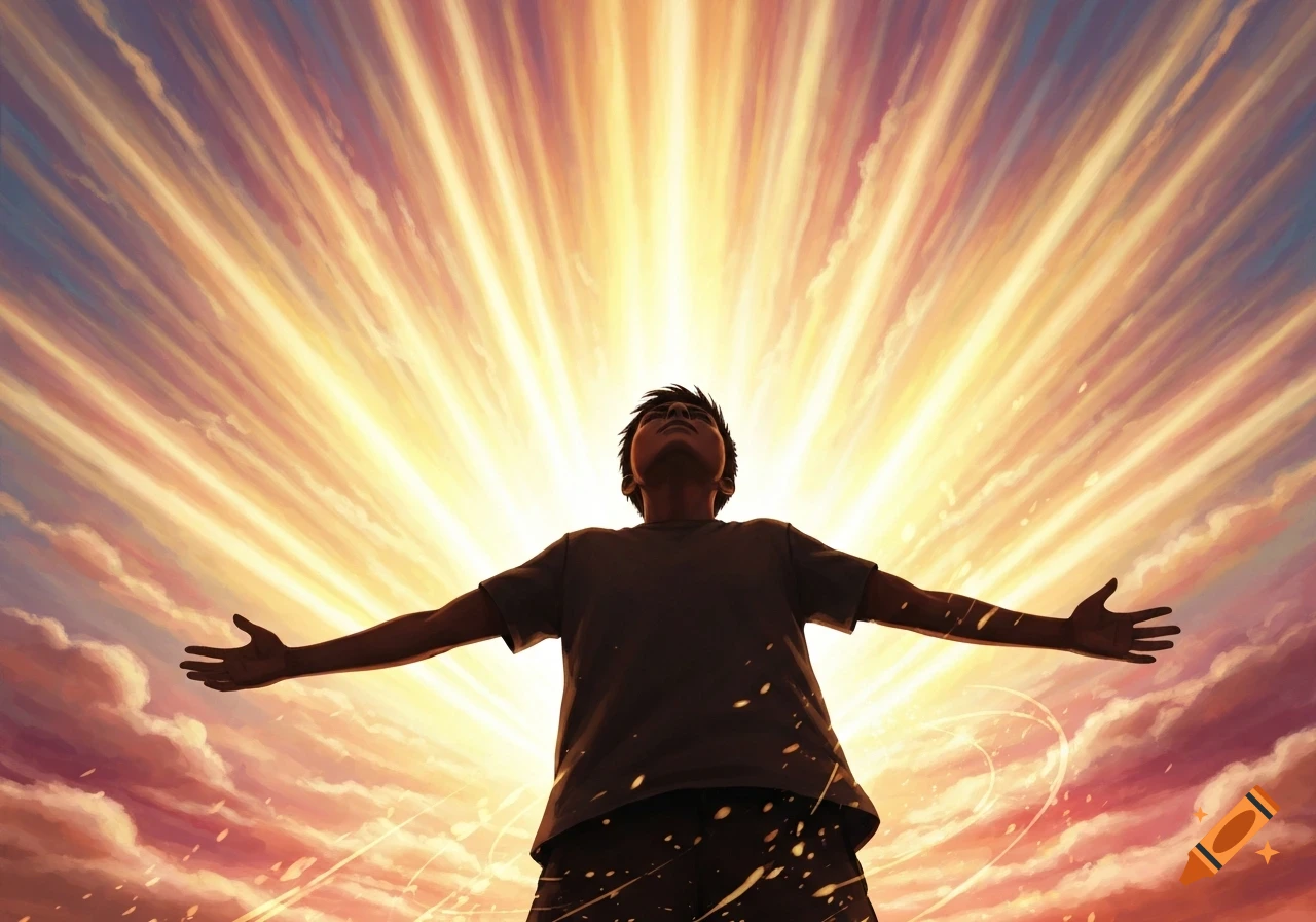 A person stands with arms outstretched, looking up into a bright, radiating golden light from the sky, with warm-colored clouds.