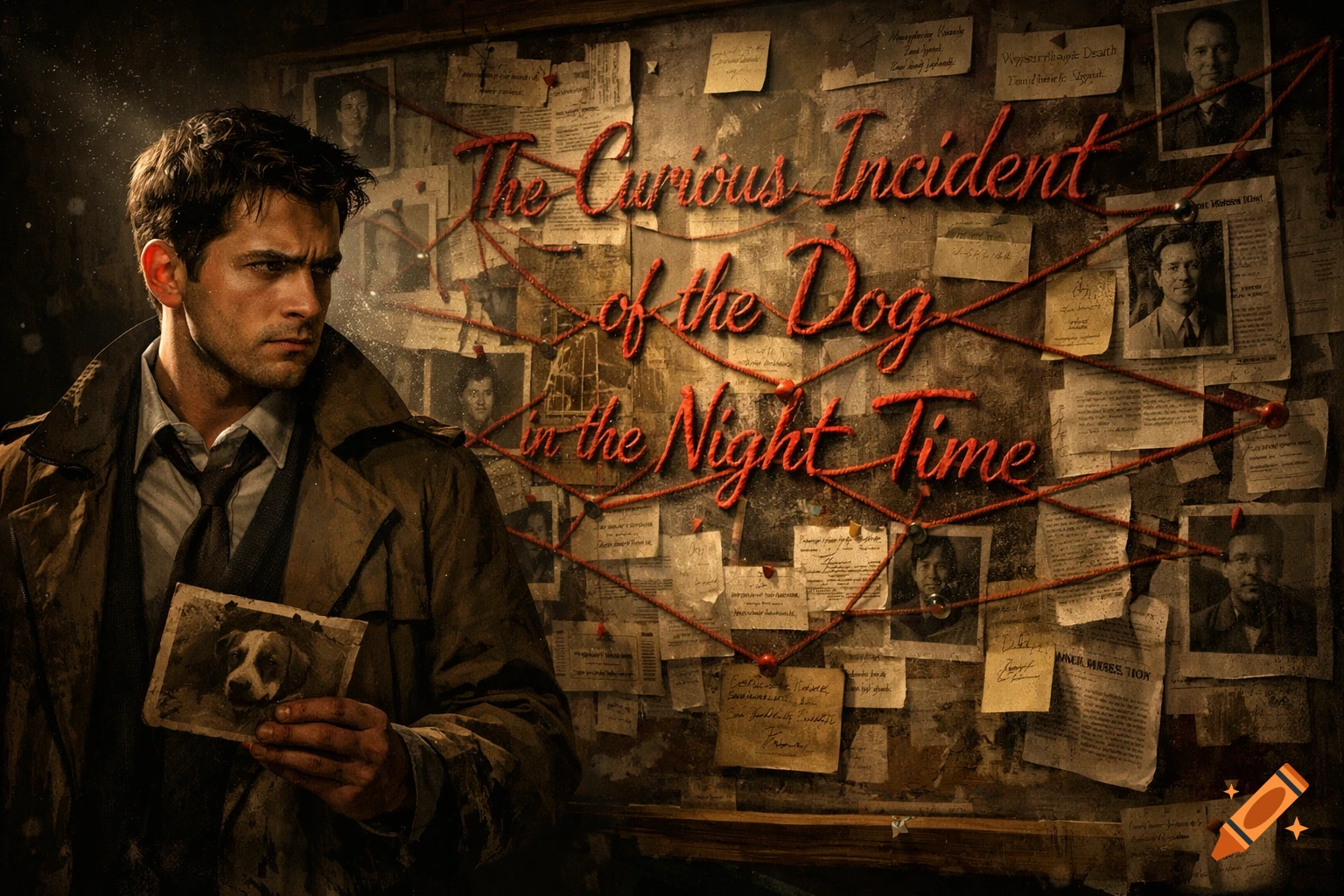 A photorealistic detective looks at a pin board with 'The Curious Incident of the Dog in the Night Time' spelled in string, holding a dog photo.