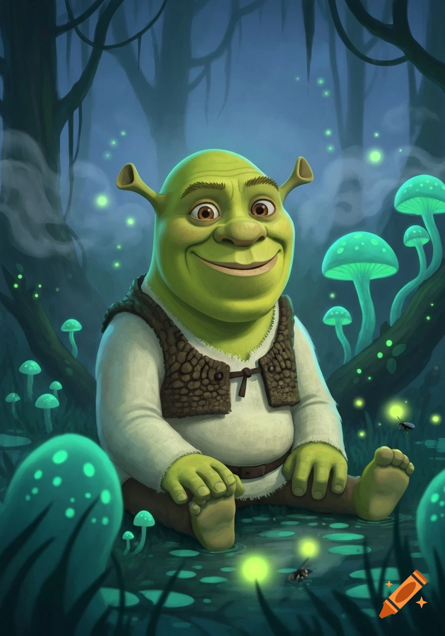 Cartoon Shrek smiling and sitting in a dark, magical forest with glowing green mushrooms and fireflies.