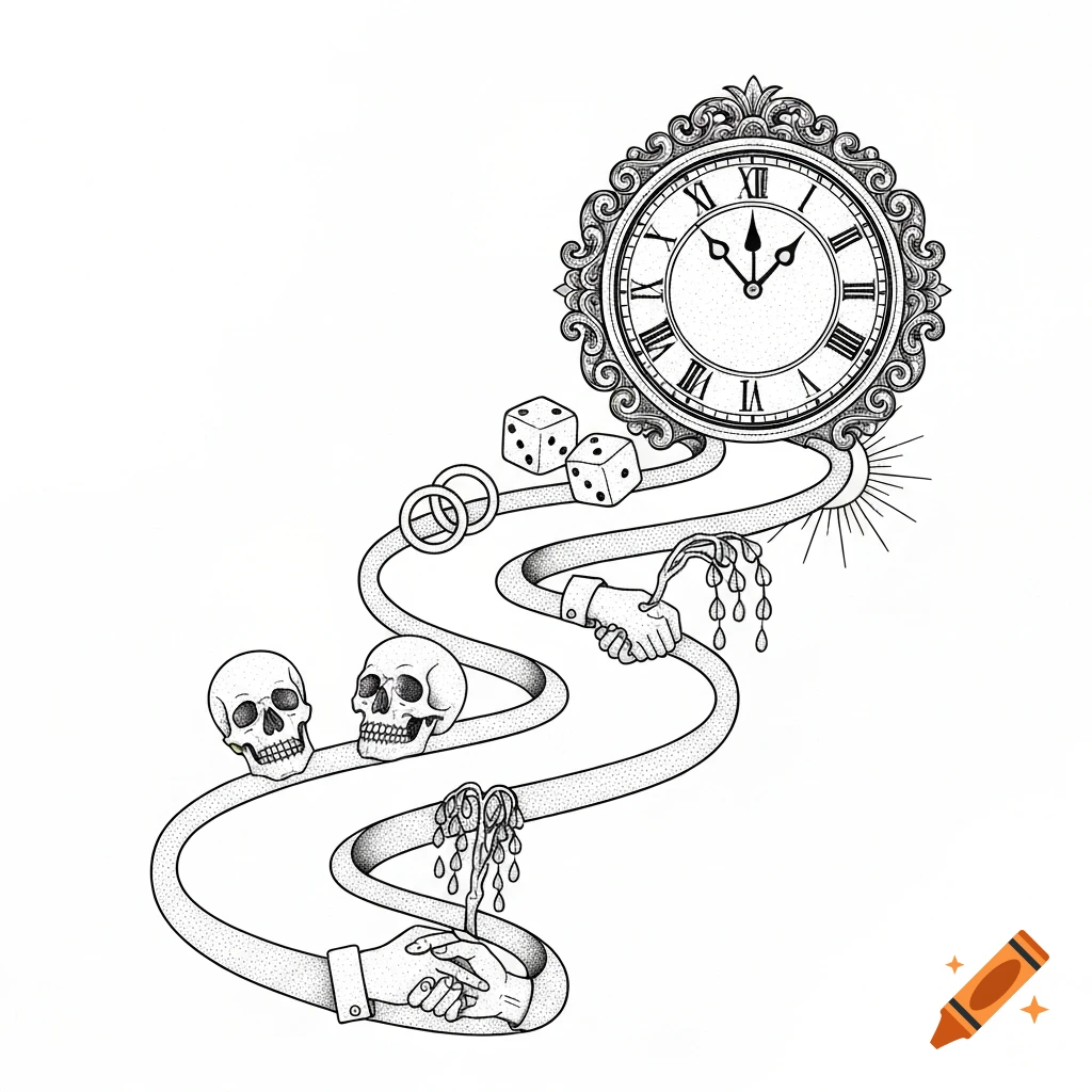 Black and white tattoo design of life's journey, showing skulls, wedding rings, dice, shaking hands, and a decorative clock.