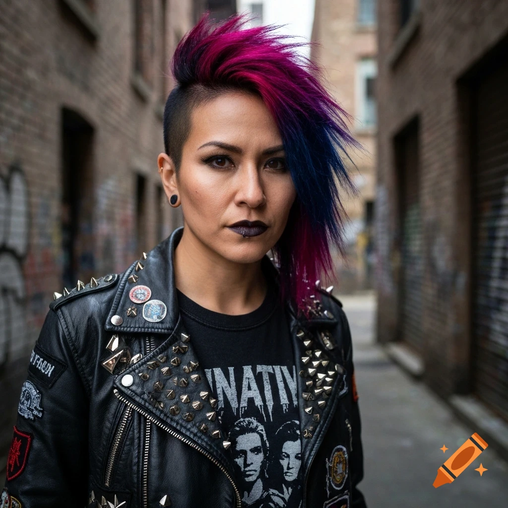 A woman with a pink and blue mohawk, dark makeup, and a studded leather jacket stands in a brick alley.