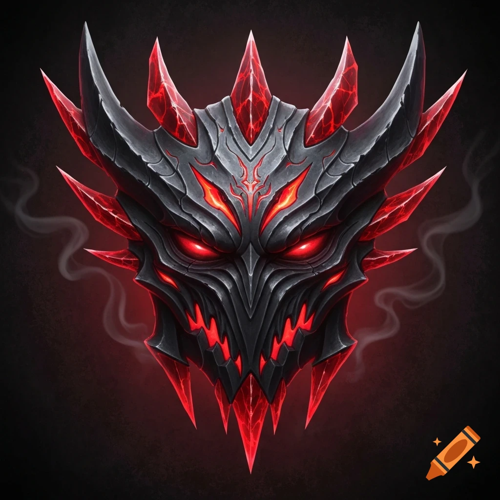 A dark, stylized demon mask with glowing red eyes and sharp red crystal-like spikes against a black background.