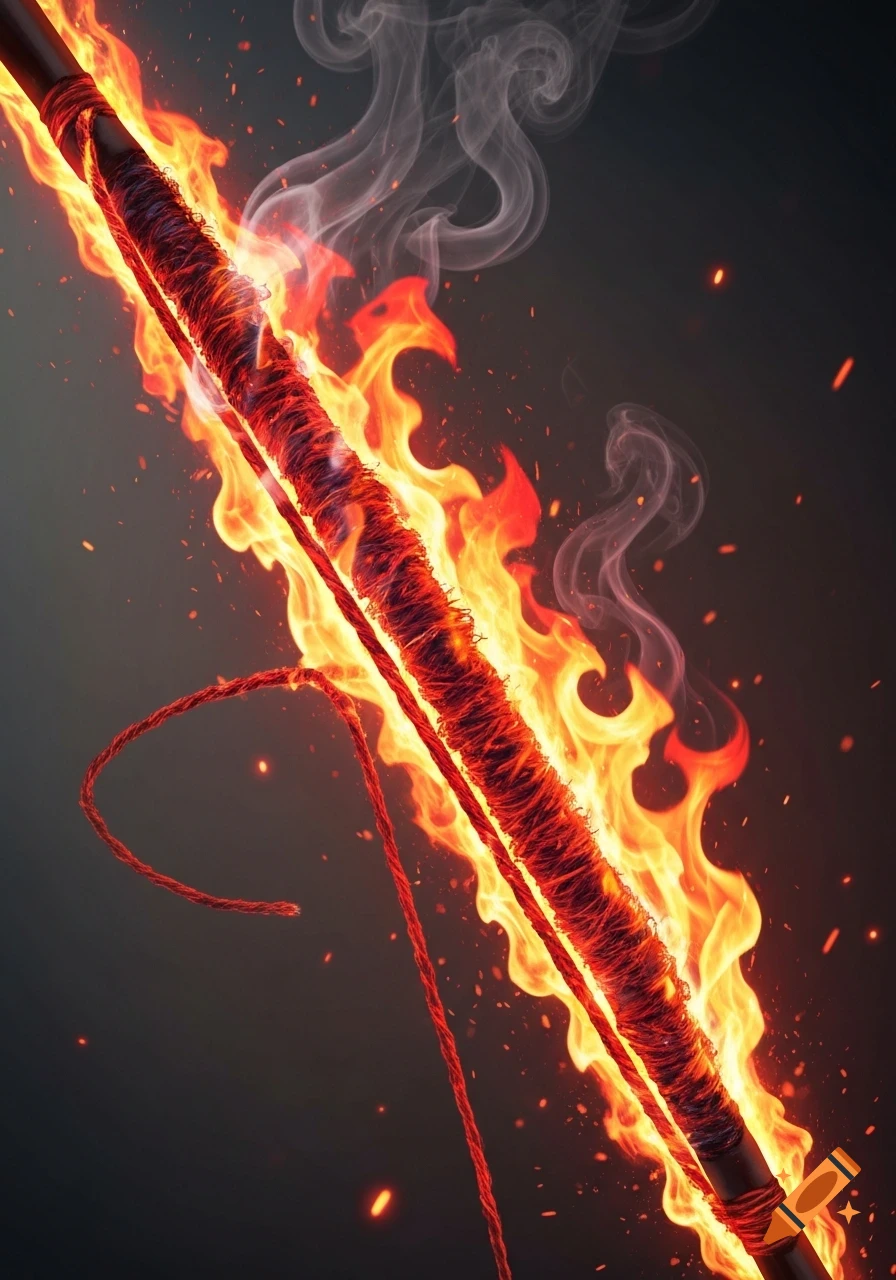 A close-up of a thick, braided rope or bowstring engulfed in bright orange and red flames with smoke and embers against a dark background.