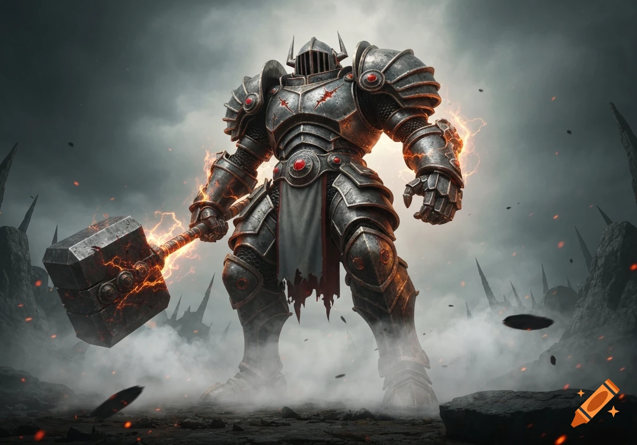 A powerful, heavily armored fantasy knight stands in a smoky, desolate landscape, holding a glowing warhammer with orange energy.