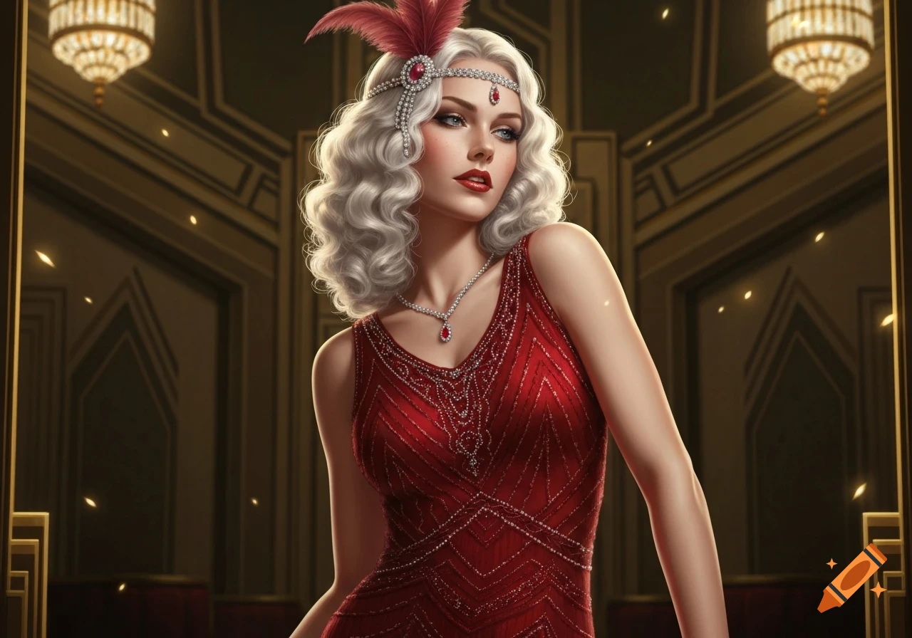 A young woman in a red flapper dress and feathered headdress in a 1920s Art Deco setting.