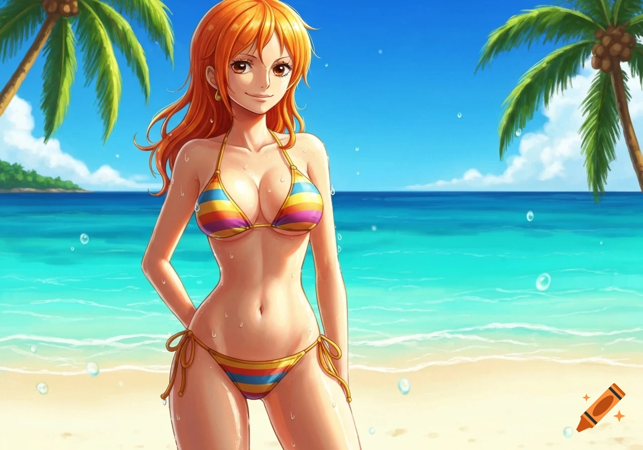 Anime character Nami in a rainbow bikini poses on a sunny beach with palm trees and clear blue ocean water.