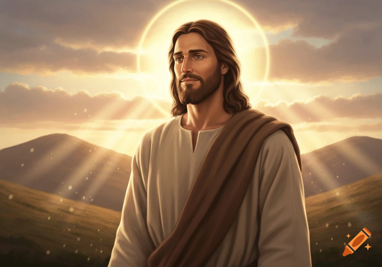 Jesus with long brown hair and beard, wearing a white robe and brown sash, stands against a radiant sunset sky with mountains.
