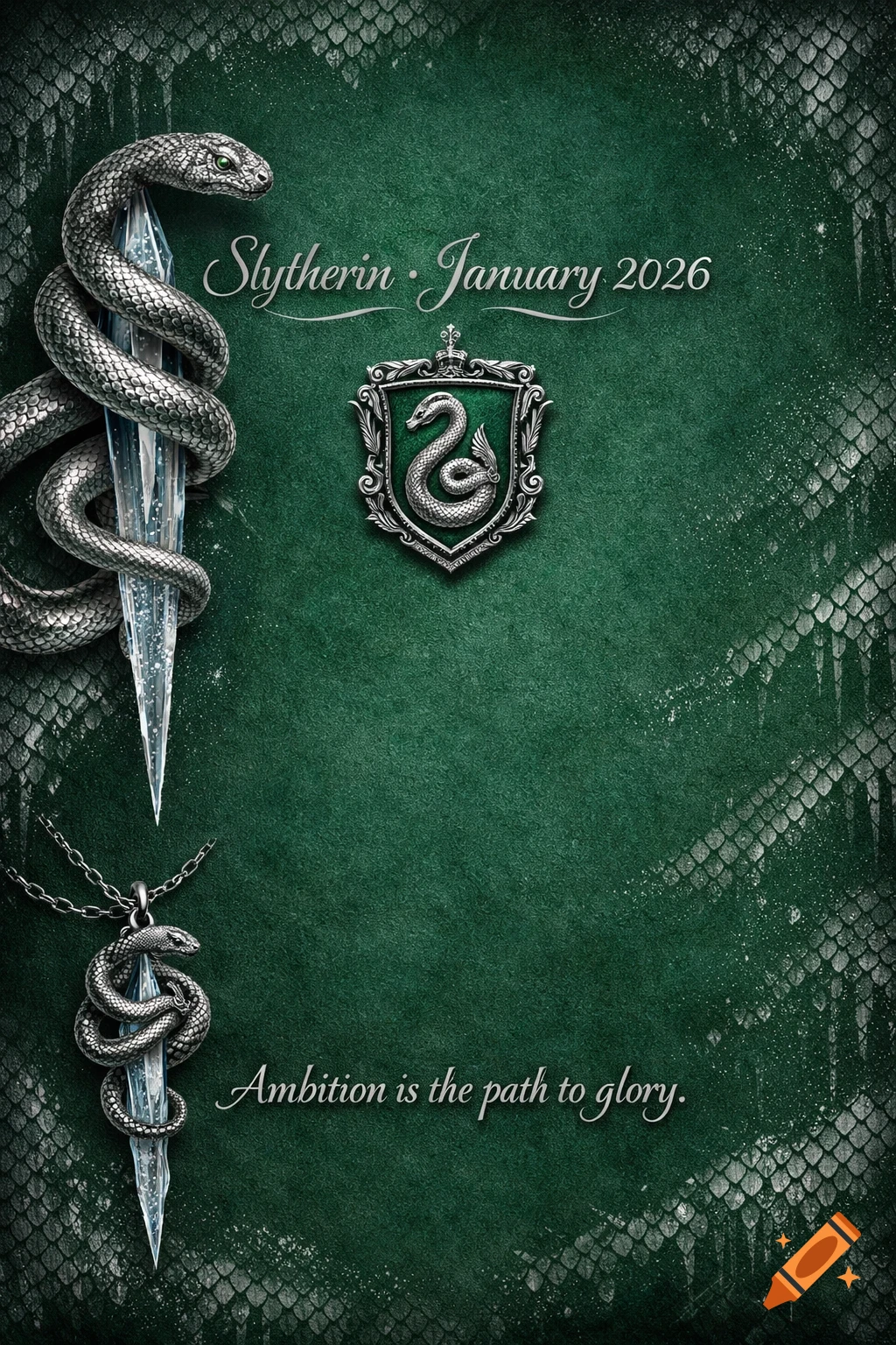 A Slytherin-themed calendar page on a dark green background with silver snakes, icicles, the Slytherin crest, and text.