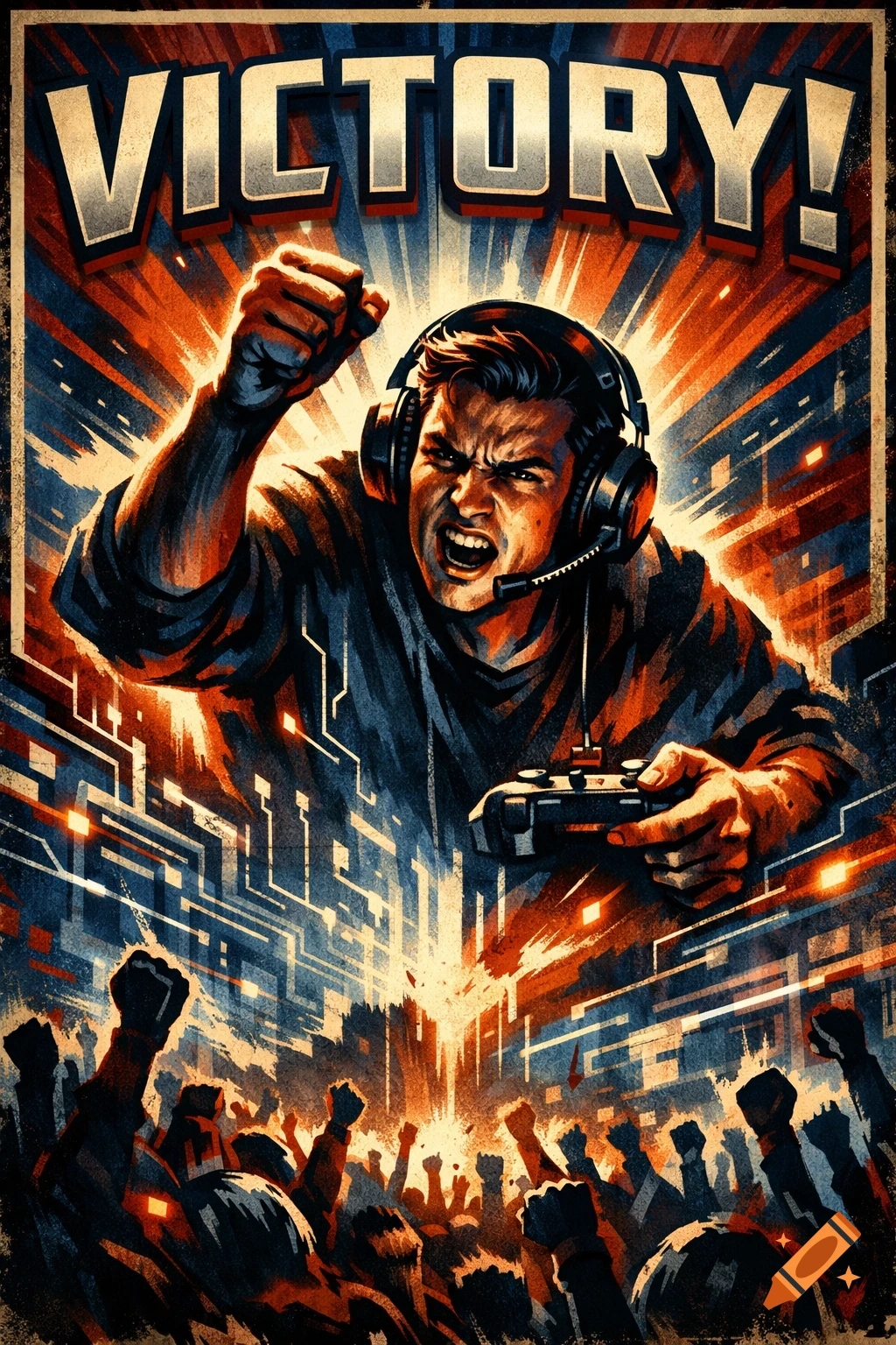 A dramatic propaganda poster in red and blue depicting an intense gamer with a headset, raising a fist in victory, with a cheering crowd below and the word "VICTORY!" at the top.