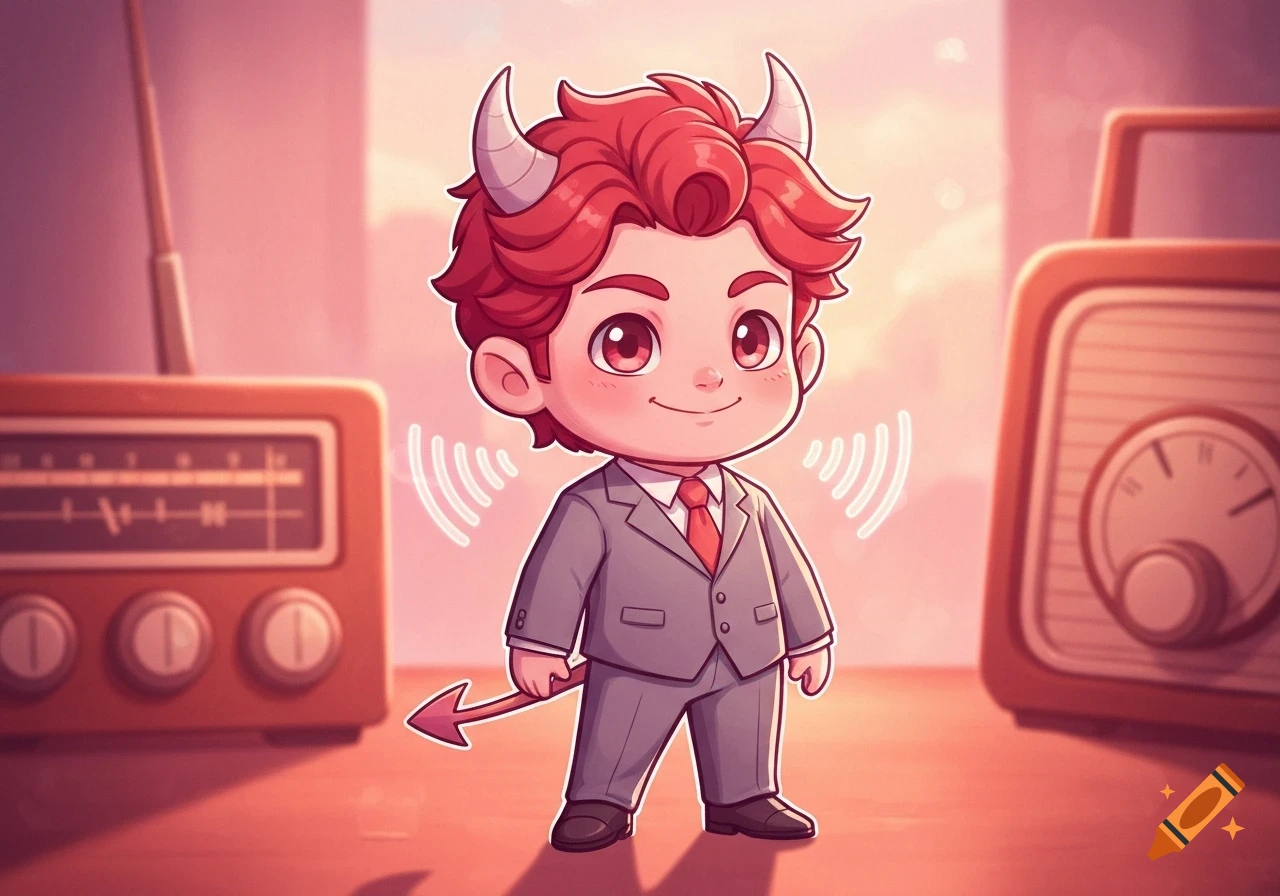 A cute, chibi-style red-haired demon boy with horns and a tail, wearing a grey suit and red tie, stands between two vintage radios.