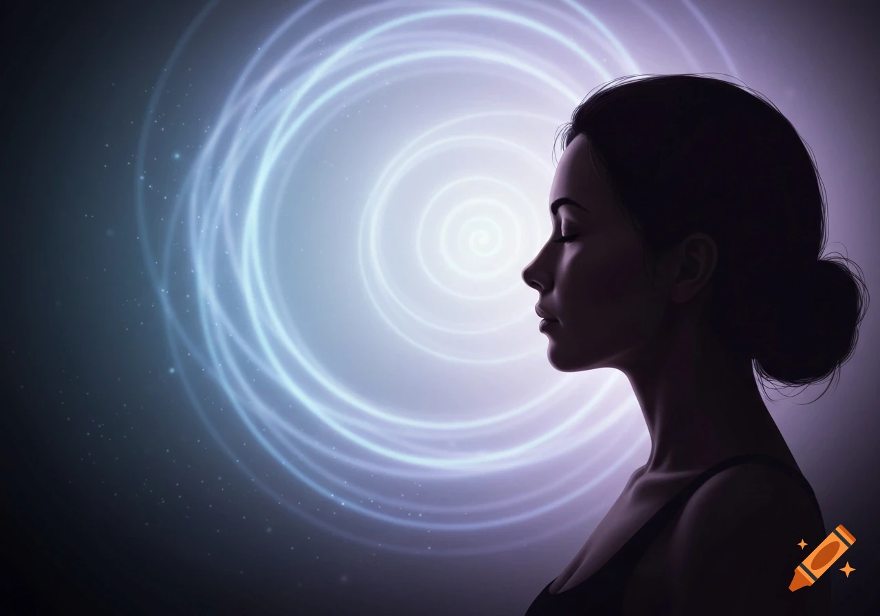 A woman's silhouette in profile with eyes closed, against a glowing white and blue spiral pattern emanating from behind her head.