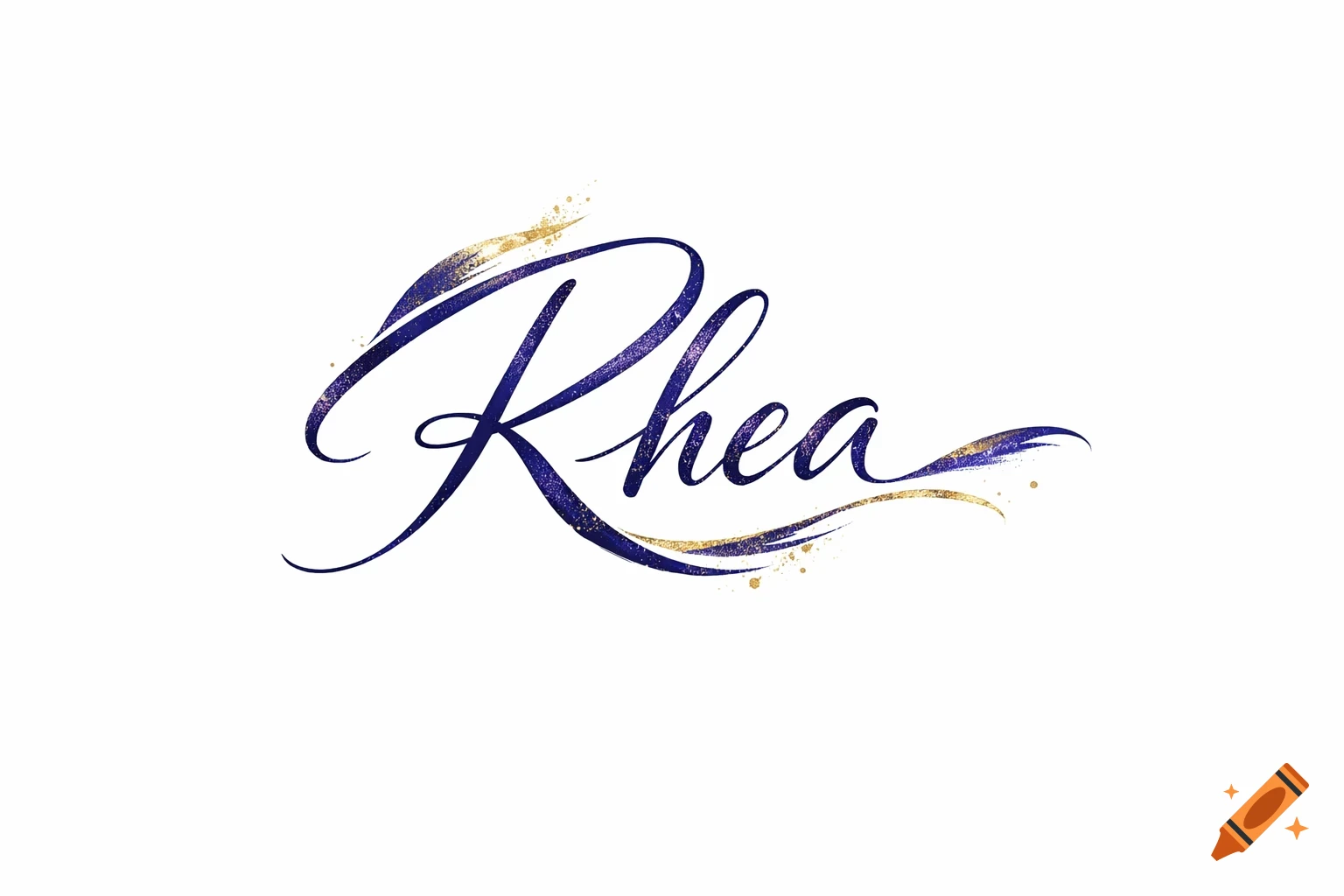 Stylized blue and gold calligraphic signature for the name Rhea with shimmering accents.