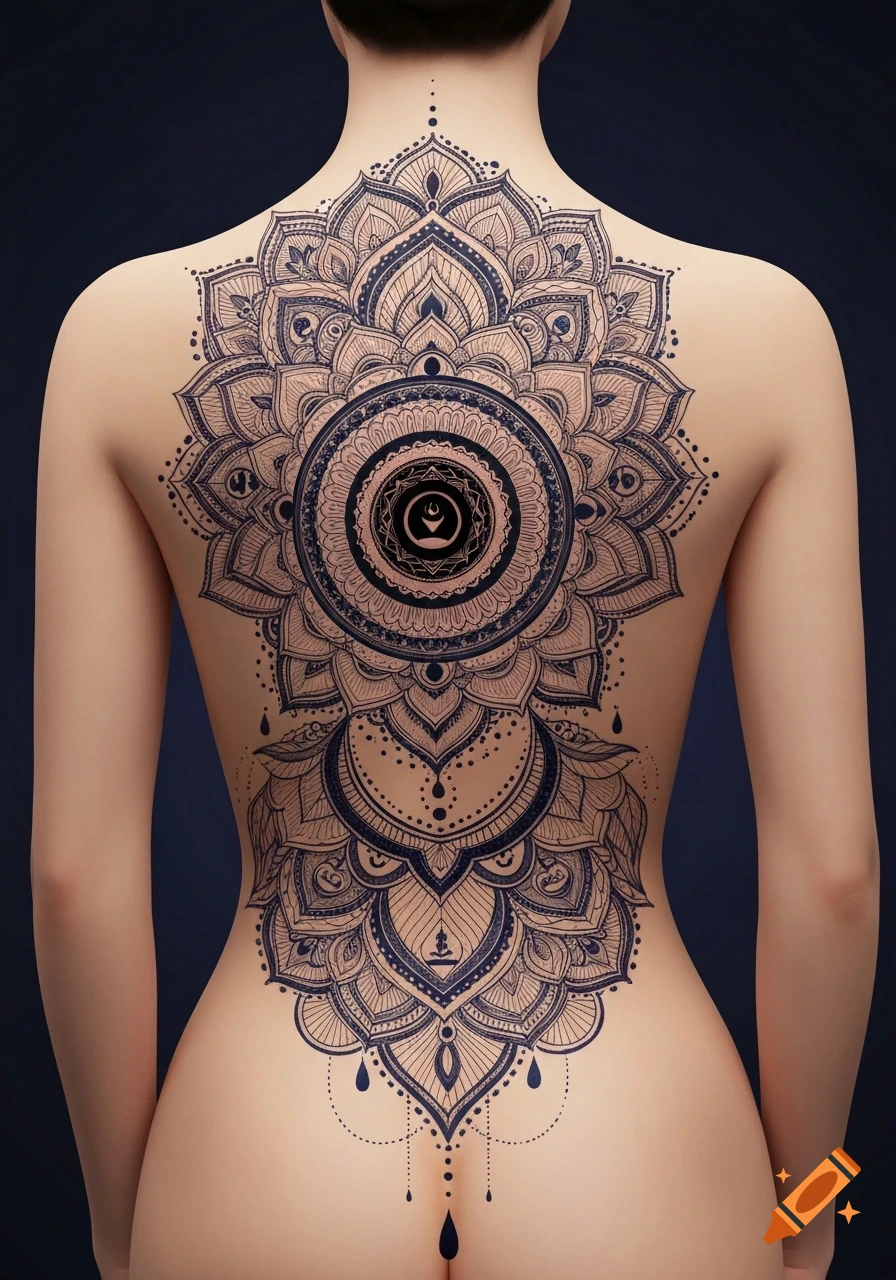 A woman's bare back with an intricate full back mandala tattoo design.
