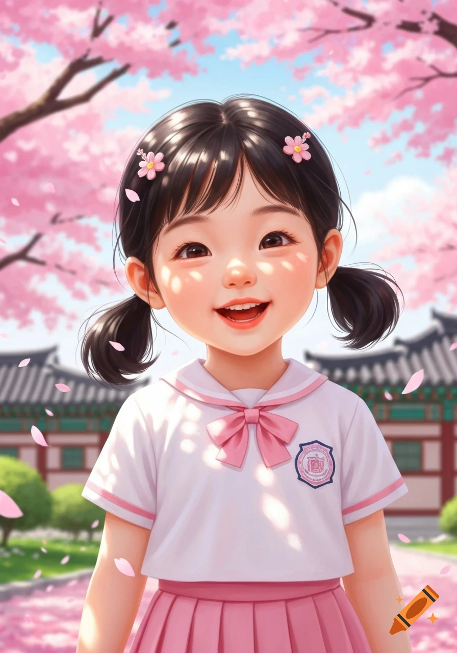 A cute cartoon Korean girl with pigtails and pink flowers in her hair smiles, wearing a pink and white school uniform in a cherry blossom garden with traditional Korean buildings in the background.