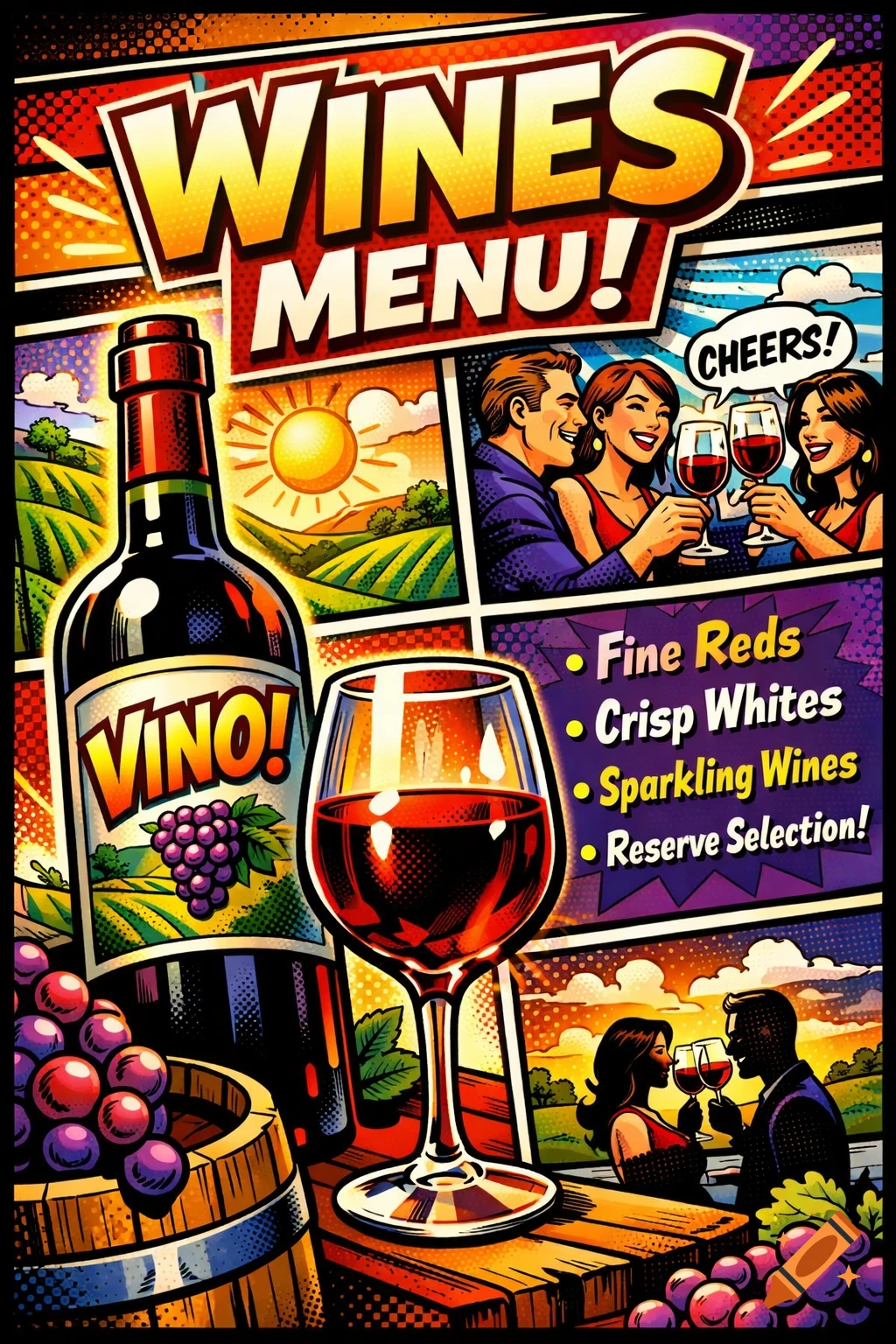A vibrant comic-style wine menu poster. It features a wine bottle labeled 'VINO!', a glass of red wine, grapes, and scenes of people toasting and a vineyard under a sunny sky. The menu lists 'Fine Reds', 'Crisp Whites', 'Sparkling Wines', and 'Reserve Selection!'.