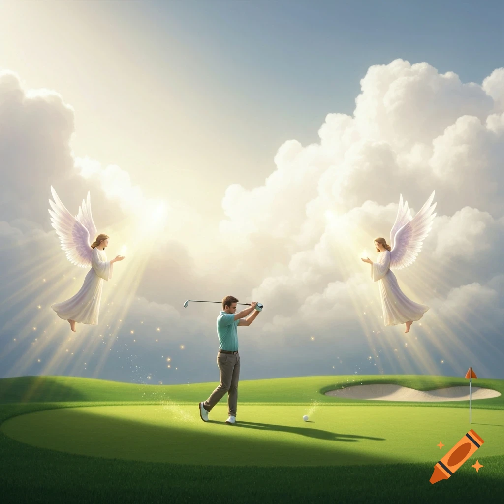 A man golfs on a lush green course under a bright, cloudy sky, with two angels floating above bathed in radiant light.