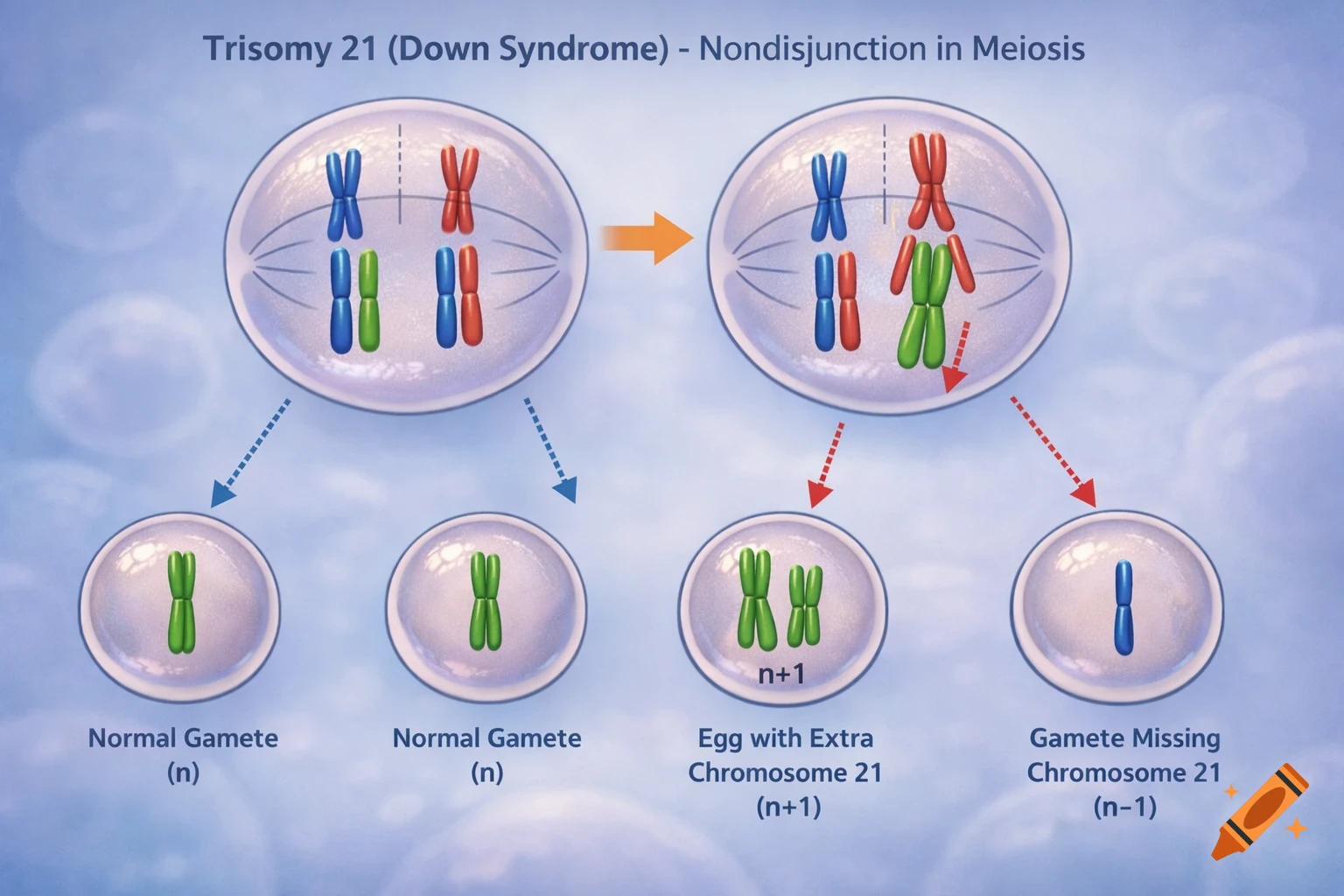 Scientific diagram illustrating nondisjunction in meiosis, showing normal gametes and those leading to Trisomy 21.