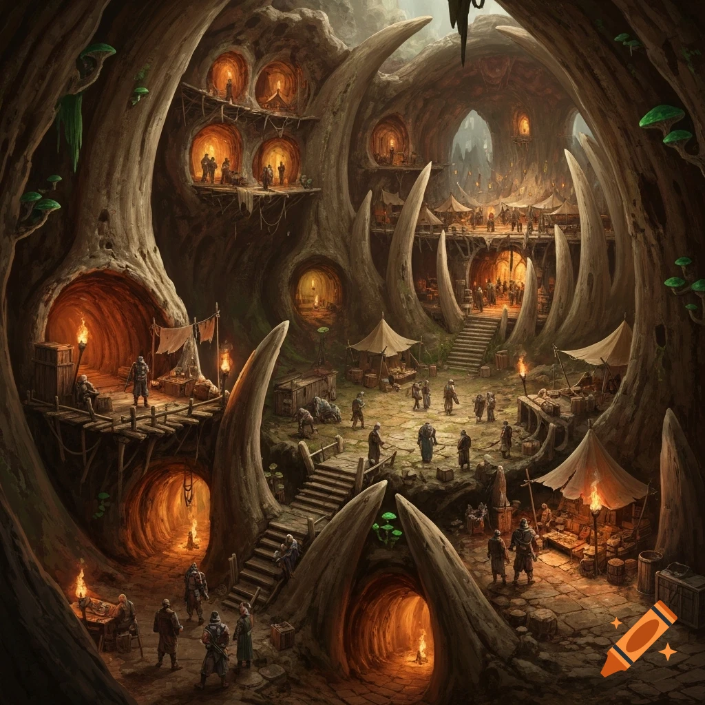 A sprawling fantasy settlement inside a giant creature's corpse, with market stalls, people, and torches illuminating the cavernous bone structures.