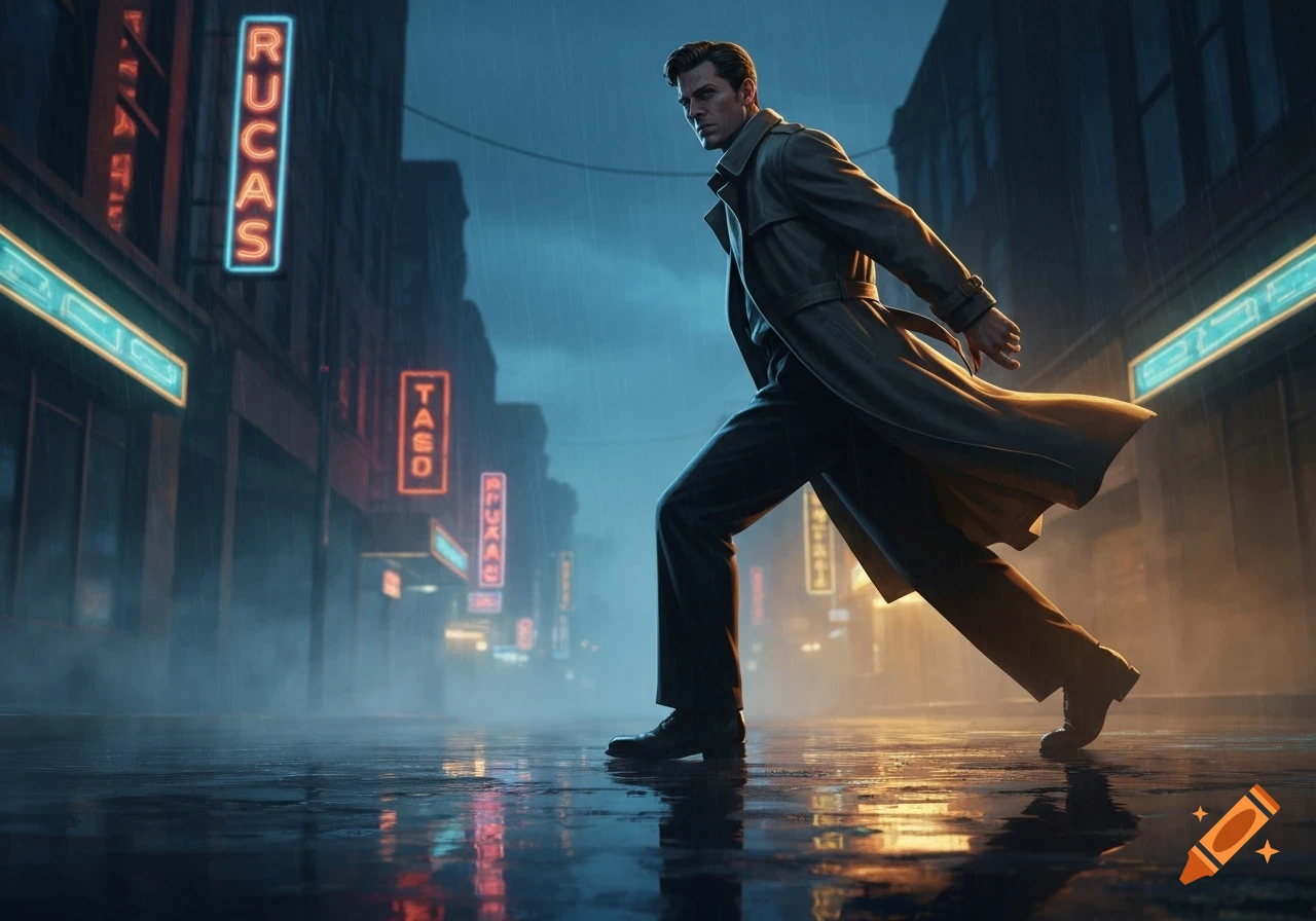 A man in a trench coat strides across a wet city street at night, illuminated by neon signs in the rain.