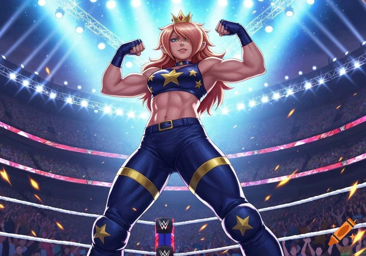 Anime-style muscular Rosalina in a star-spangled wrestling outfit flexes in a brightly lit WWE arena with a crowd.