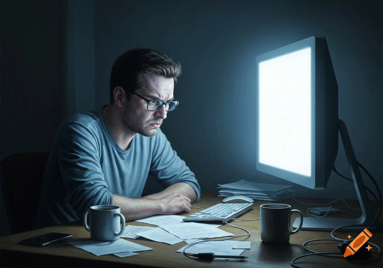 A frustrated man with glasses stares intently at a brightly glowing computer screen in a dark room, depicted in an oil painting style.