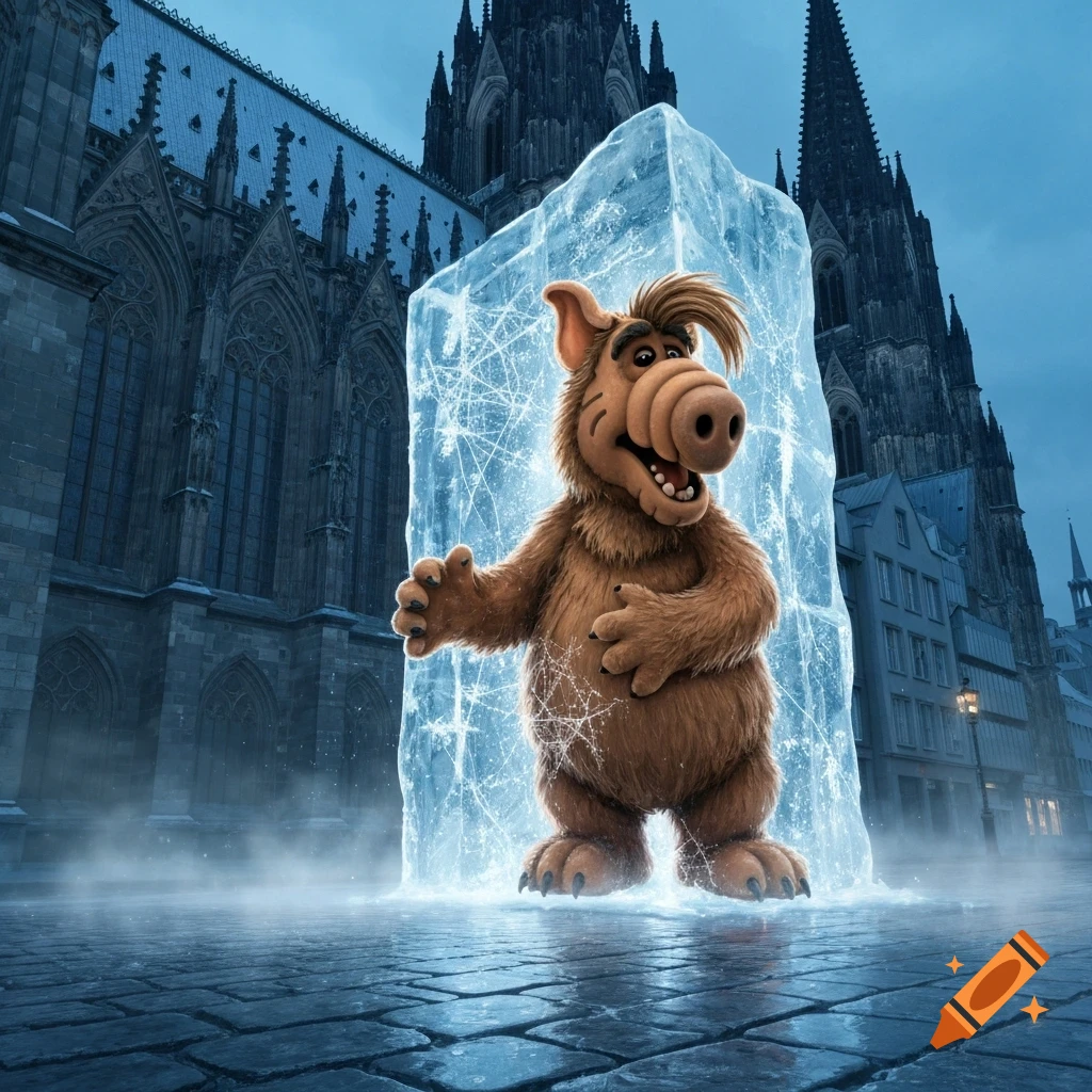 Photorealistic image of Alf encased in a glowing block of ice on a wet cobblestone street, with the Cologne Cathedral in the background.