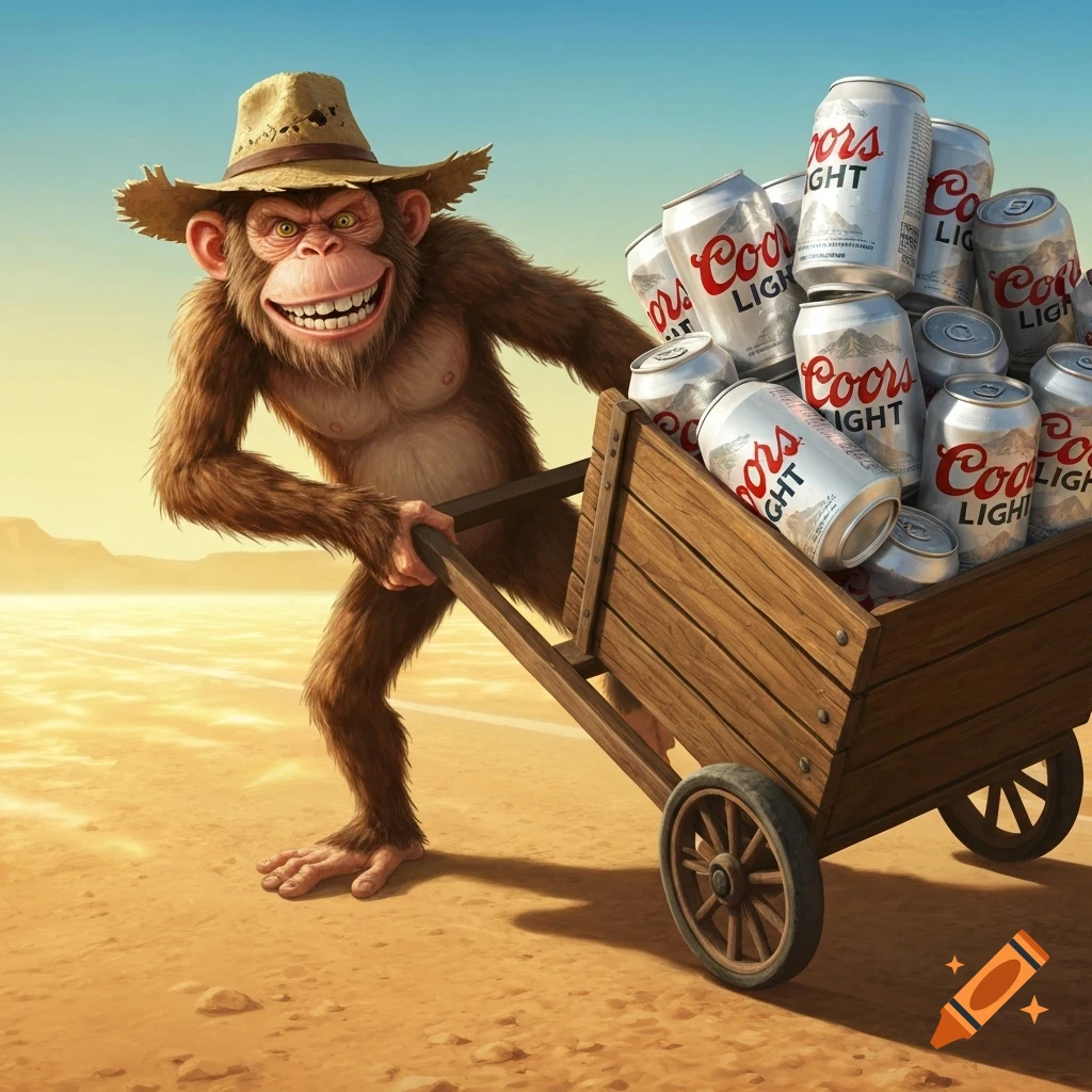 Cartoon monkey in a straw hat pushes a wooden cart filled with Coors Light beer cans through a sunny desert.