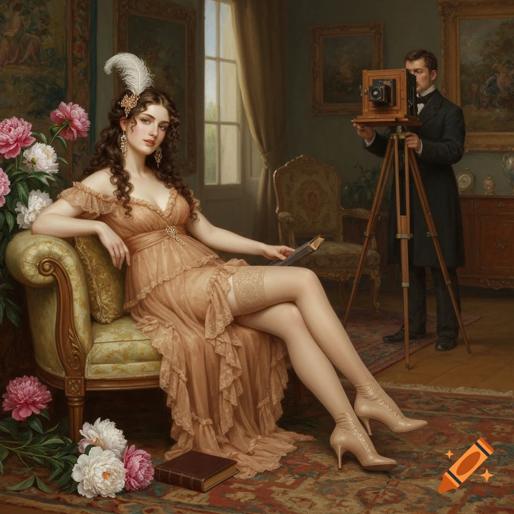 A classical oil painting of a Victorian woman in a sheer gown and stockings reclining on a chaise lounge, posing for a photographer with a large format camera in a sunlit room.