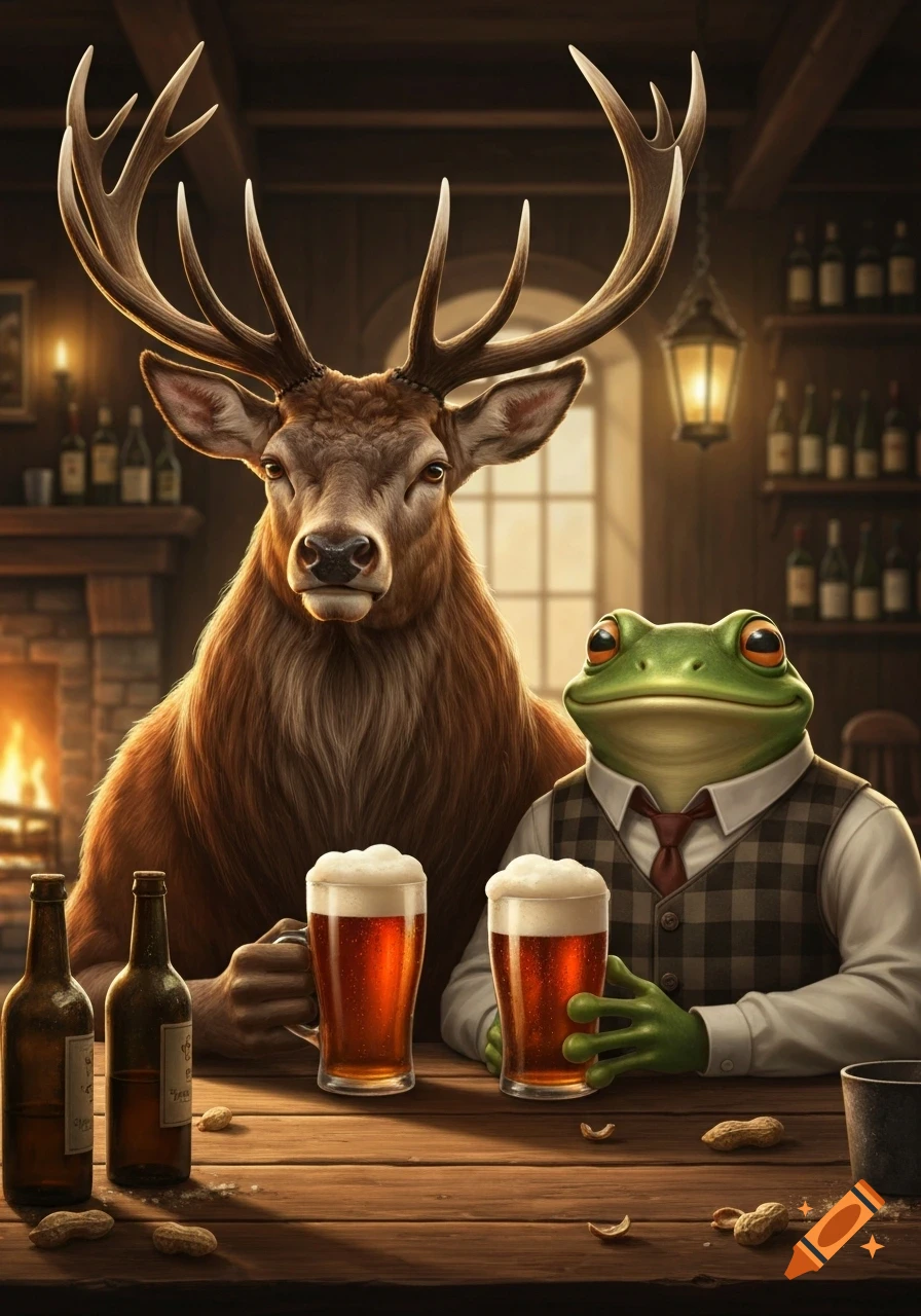 Anthropomorphic red deer and frog holding pints of beer at a pub, with a fireplace and bottles in the background.