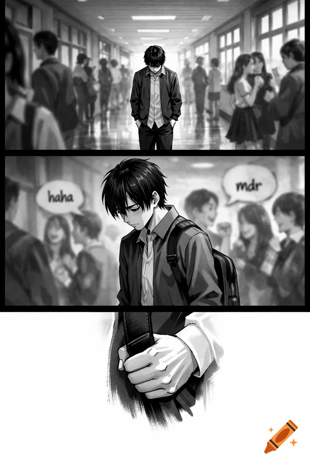 Black and white manga panels of a sad male student in a busy school hallway, hearing 'haha' and 'mdr' from blurred peers.